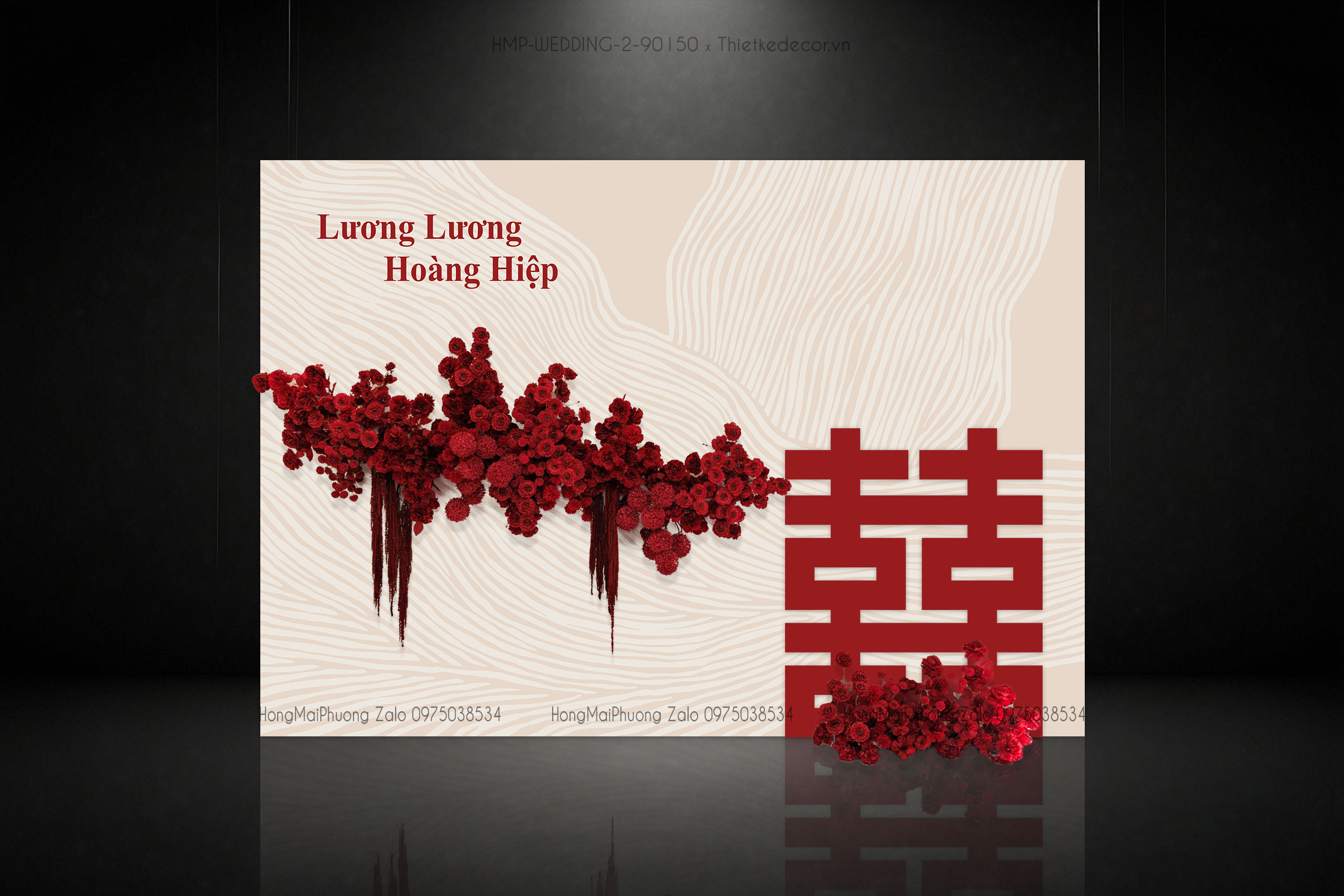 Backdrop check in tiệc cưới tone màu kem sang trọng kèm chữ Hỷ đỏ